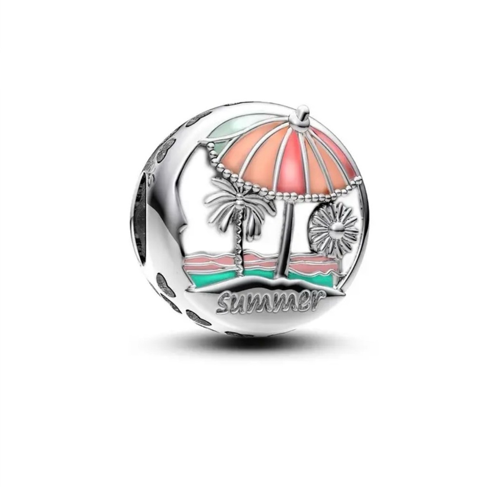 925 Sterling Silver Charm w/“Summer”engraved Under the Palm Tree & Umbrella - Picture 7 of 10